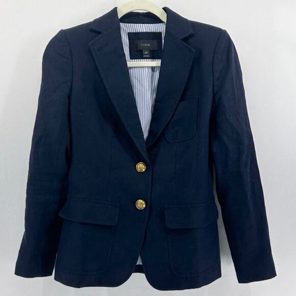 J. Crew Navy 100% Linen Single Breasted Blazer Gold Buttons Size 00P - Picture 1 of 6